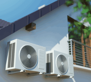 Deux unités de climatisation extérieures modernes fixées sur la façade blanche d'une maison sous un ciel bleu clair, avec un toit et un balcon.