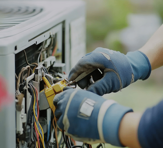 Technicien en gants bleus répare un climatiseur extérieur, connectant des fils colorés avec un outil jaune. Entretien HVAC.